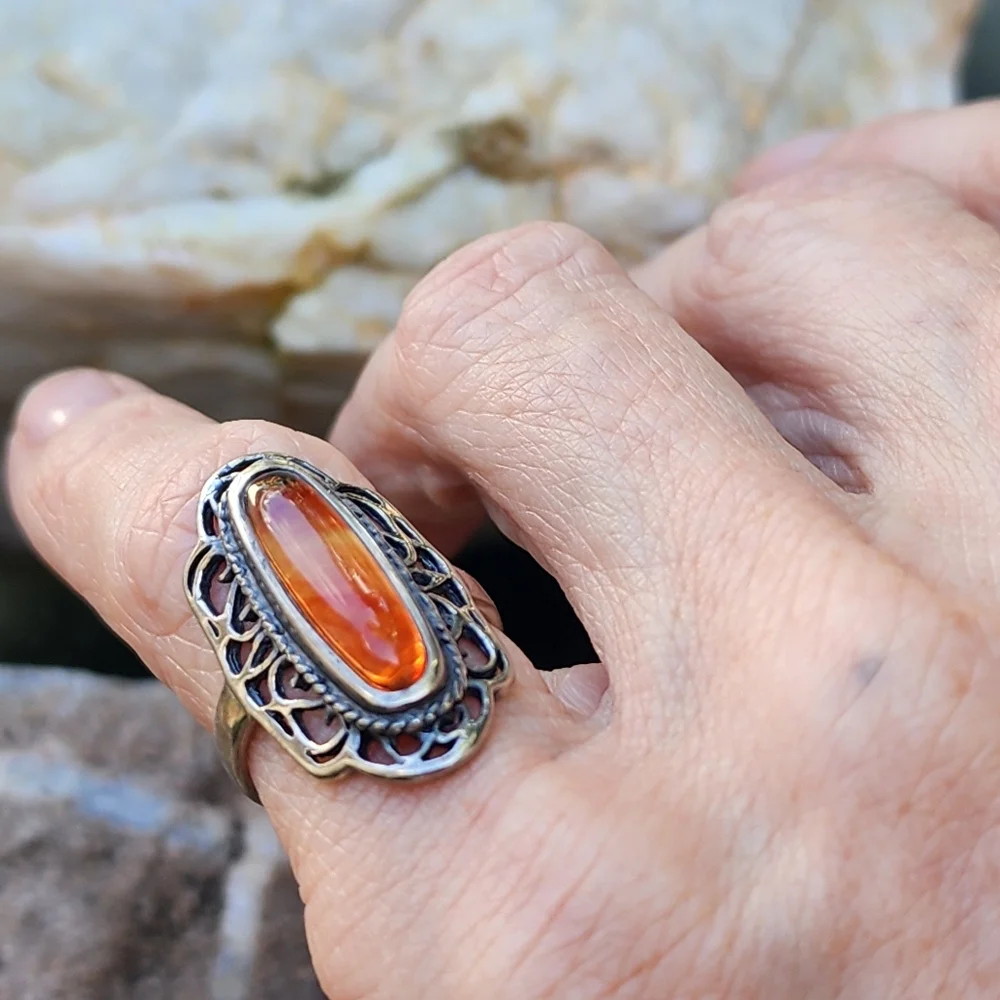 Estate Sterling Silver 925 Natural Baltic Amber Ring Honey Cognac Amber Jewelry